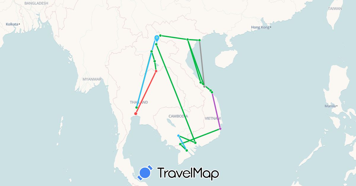 TravelMap itinerary: bus, plane, train, hiking, boat in Cambodia, Laos, Thailand, Vietnam (Asia)